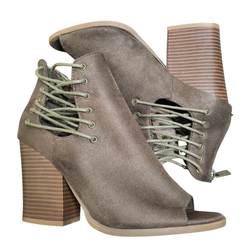 Bamboo Peep Toe Booties Women's Size 8 Olive Taupe Lace Up Side Block Heel